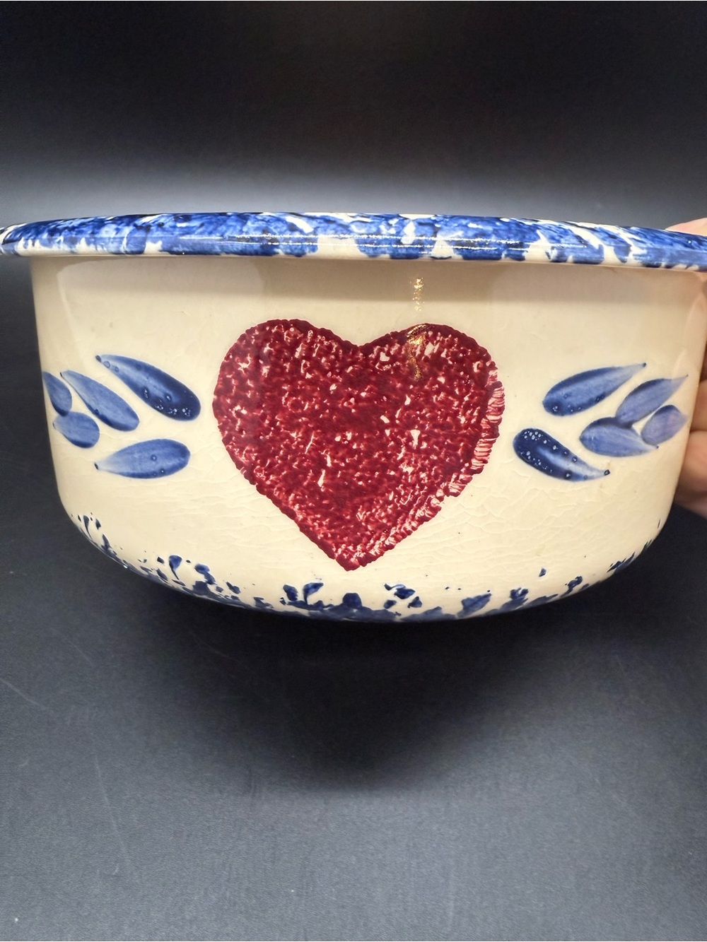 Vintage Blue Spongeware Heart Pottery Bowl CottageCore Decor